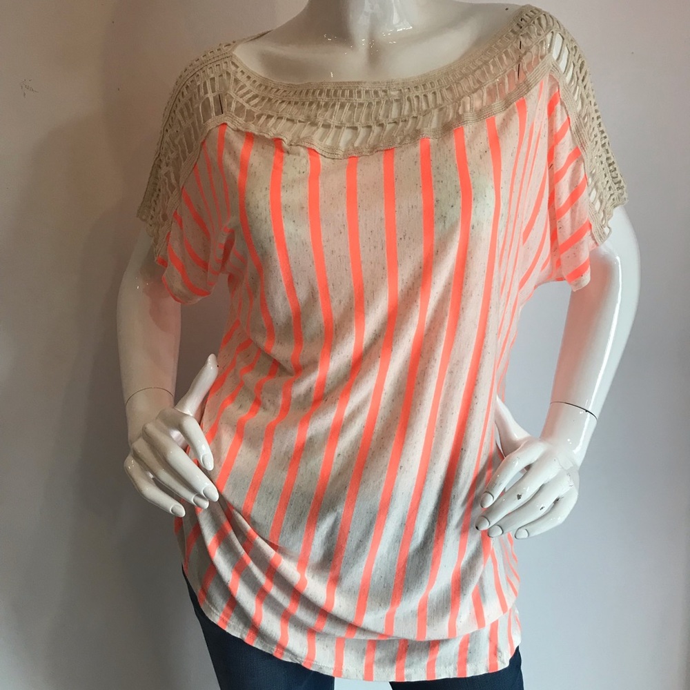 Striped Short Sleeve Tunic with a Crochet Neckline